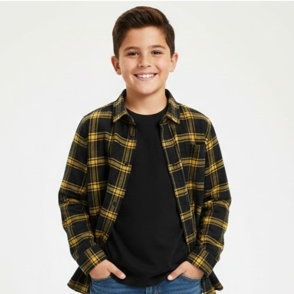 Cat & Jack Other - Cat Jack Kids Boys Long Sleeve Flannel Shirt Black Yellow Plaid‎ Size L 10/12